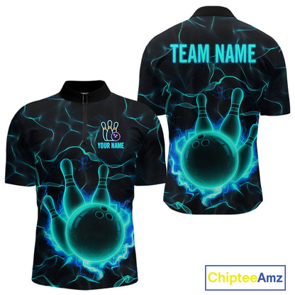 Cyan Blue Flame Bowling Polo, Quarter Zip shirts For Men custom bowling team jerseys Bowler Outfits NQS10153