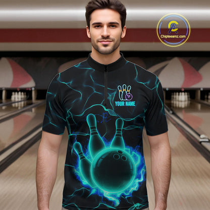 Cyan Blue Flame Bowling Polo, Quarter Zip shirts For Men custom bowling team jerseys Bowler Outfits NQS10153