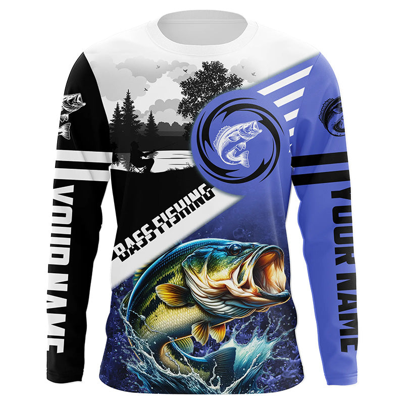 Largemouth Bass Fishing Blue performance fishing shirt UV protection custom name long sleeves NQS2121