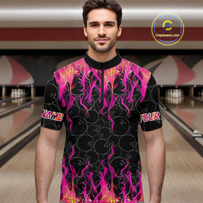 Black and Pink Flame camo Men bowling shirts Custom Flame Bowling Shirt Team Bowling Jersey NQS8304
