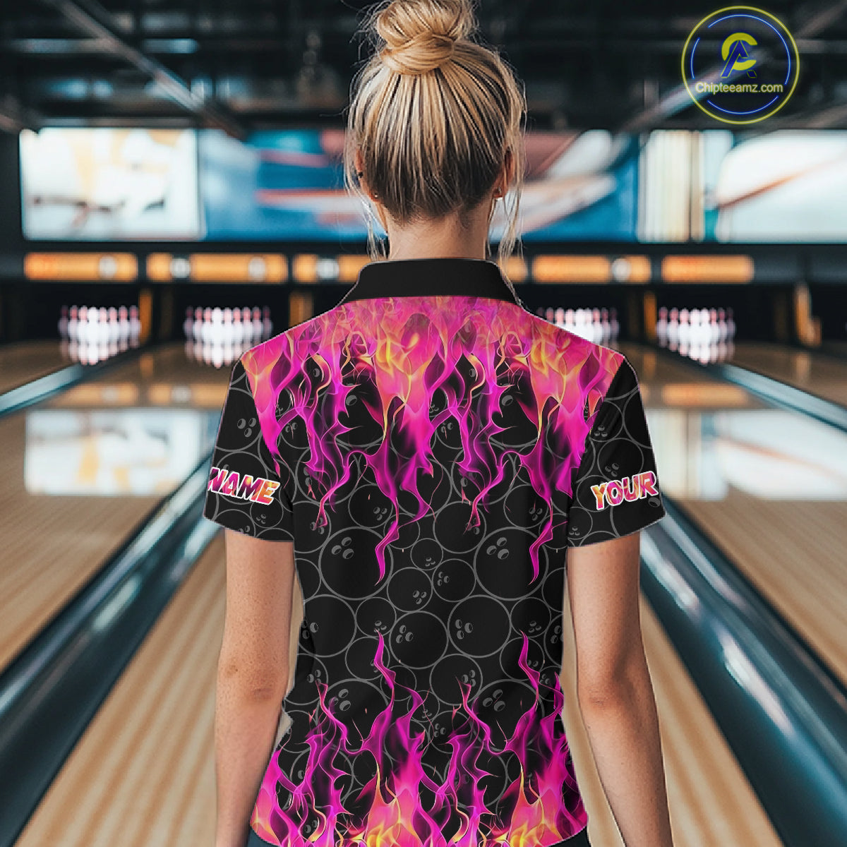 Black and Pink Flame camo Womens bowling shirts Custom Flame Bowling Shirt Team Bowling Jersey NQS8304