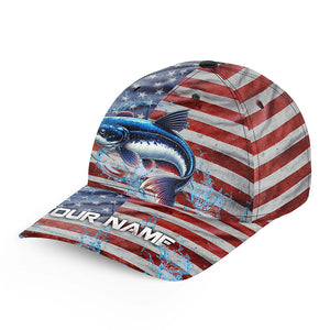 American flag patriot Catfish Fishing Baseball Angler Hat Cap, Personalized Blue Catfish Fishing Gifts NQS8295