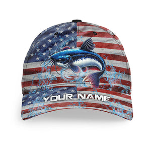 American flag patriot Catfish Fishing Baseball Angler Hat Cap, Personalized Blue Catfish Fishing Gifts NQS8295