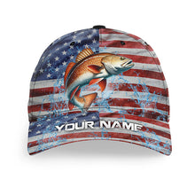 Load image into Gallery viewer, American flag patriot Redfish Fishing Baseball Angler Hat Cap, Personalized Red Drum Fishing Gifts NQS8297