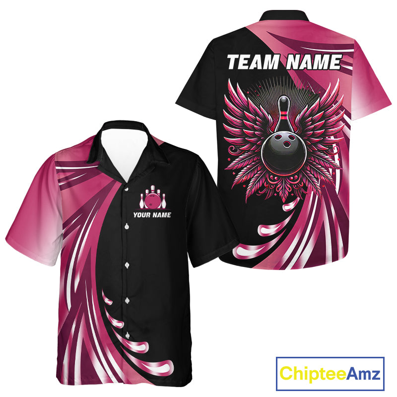 Black and Pink Bowling Ball and Pins wings Bowling Hawaiian Shirt Custom Team Bowling Jerseys NQS10489