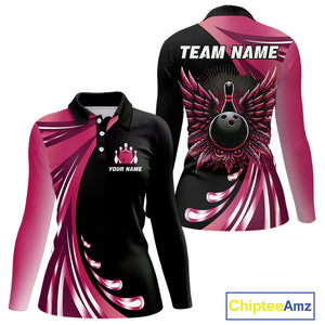 Black and Pink Bowling Ball and Pins wings Bowling Shirts for Women Custom Team Bowling Jerseys NQS10489