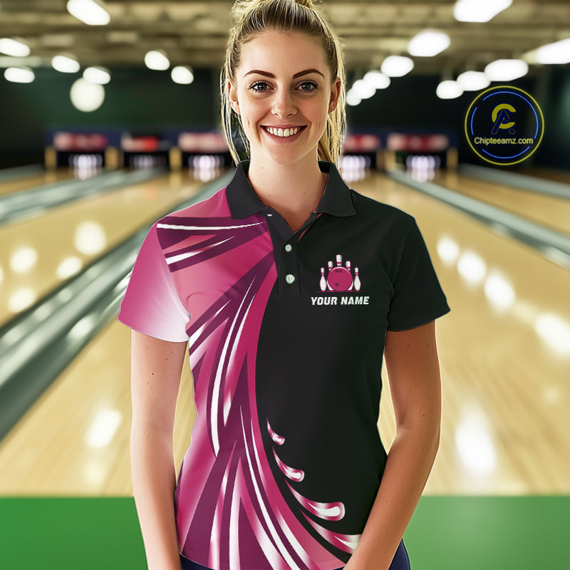 Black and Pink Bowling Ball and Pins wings Bowling Shirts for Women Custom Team Bowling Jerseys NQS10489