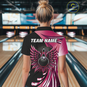 Black and Pink Bowling Ball and Pins wings Bowling Shirts for Women Custom Team Bowling Jerseys NQS10489
