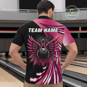Black and Pink Bowling Ball and Pins wings Bowling Shirts for Men Custom Team Bowling Jerseys NQS10489