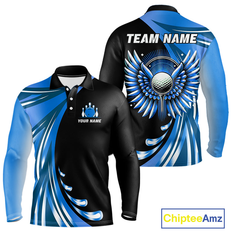 Black and Blue Bowling Ball and Pins wings Bowling Shirts for Men Custom Team Bowling Jerseys NQS10490