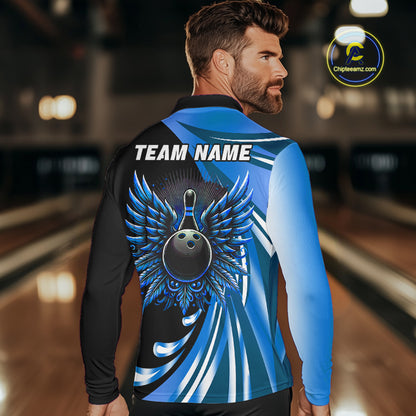 Black and Blue Bowling Ball and Pins wings Bowling Shirts for Men Custom Team Bowling Jerseys NQS10490