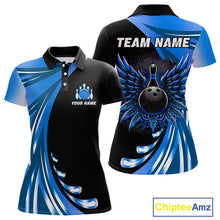 Load image into Gallery viewer, Black and Blue Bowling Ball and Pins wings Bowling Shirts for Women Custom Team Bowling Jerseys NQS10490