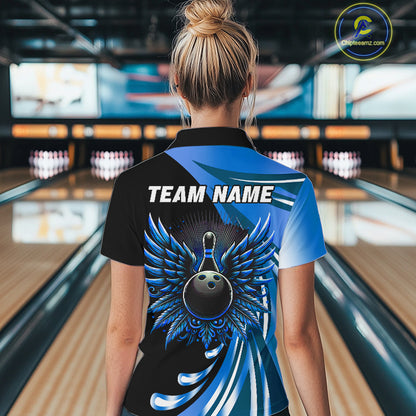 Black and Blue Bowling Ball and Pins wings Bowling Shirts for Women Custom Team Bowling Jerseys NQS10490
