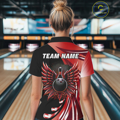 Black and Red Bowling Ball and Pins wings Bowling Shirts for Women Custom Team Bowling Jerseys NQS10491