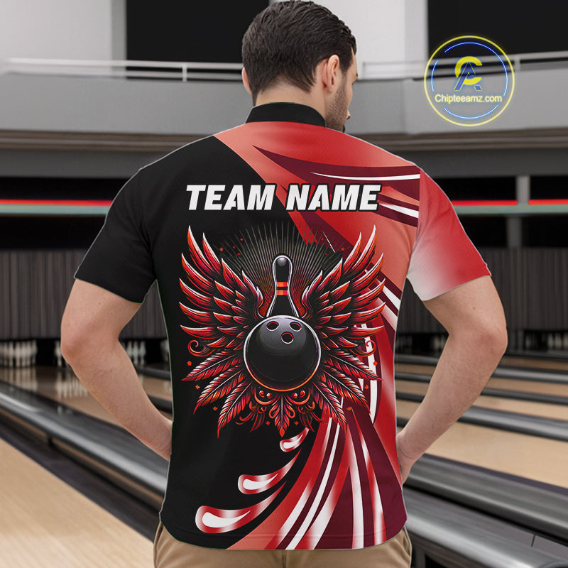 Black and Red Bowling Ball and Pins wings Bowling Shirts for Men Custom Team Bowling Jerseys NQS10491