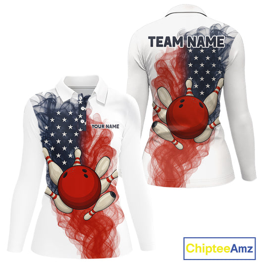 Custom Smoke American Flag White Bowling Shirts for Women Personalized Patriotic Team Bowling Jerseys NQS10495