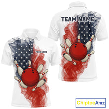 Load image into Gallery viewer, Custom Smoke American Flag White Bowling Shirts for Men Personalized Patriotic Team Bowling Jerseys NQS10495