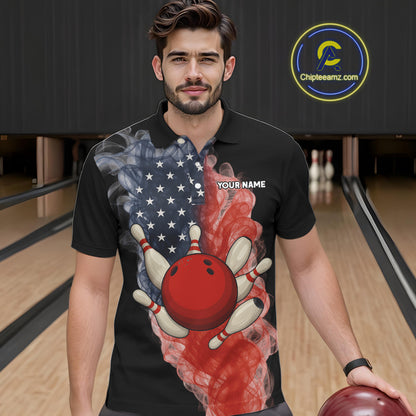 Custom Smoke American Flag Black Bowling Shirts for Men Personalized Patriotic Team Bowling Jerseys NQS10496