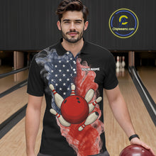 Load image into Gallery viewer, Custom Smoke American Flag Black Bowling Shirts for Men Personalized Patriotic Team Bowling Jerseys NQS10496