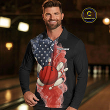 Load image into Gallery viewer, Custom Smoke American Flag Black Bowling Shirts for Men Personalized Patriotic Team Bowling Jerseys NQS10496