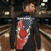 Load image into Gallery viewer, Custom Smoke American Flag Black Bowling Shirts for Men Personalized Patriotic Team Bowling Jerseys NQS10496