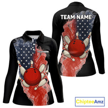 Load image into Gallery viewer, Custom Smoke American Flag Black Bowling Shirts for Women Personalized Patriotic Team Bowling Jerseys NQS10496