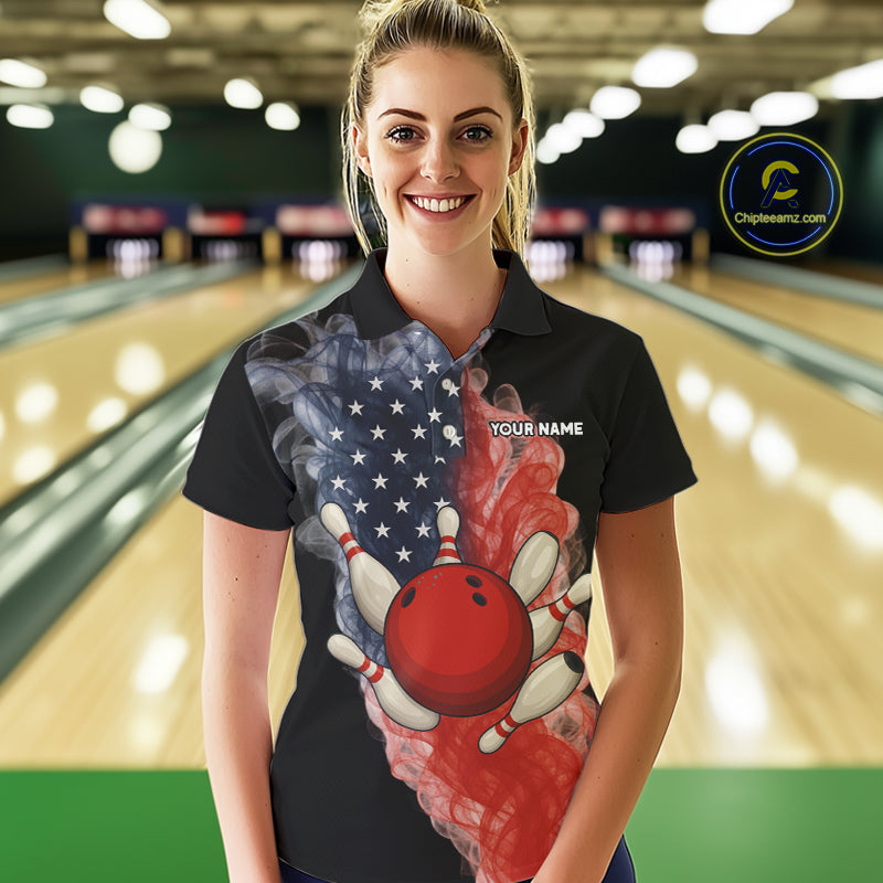 Custom Smoke American Flag Black Bowling Shirts for Women Personalized Patriotic Team Bowling Jerseys NQS10496