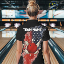 Load image into Gallery viewer, Custom Smoke American Flag Black Bowling Shirts for Women Personalized Patriotic Team Bowling Jerseys NQS10496