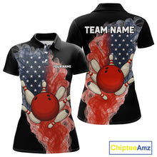 Load image into Gallery viewer, Custom Smoke American Flag Black Bowling Shirts for Women Personalized Patriotic Team Bowling Jerseys NQS10496