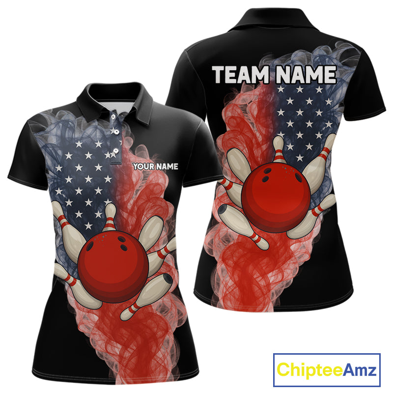 Custom Smoke American Flag Black Bowling Shirts for Women Personalized Patriotic Team Bowling Jerseys NQS10496