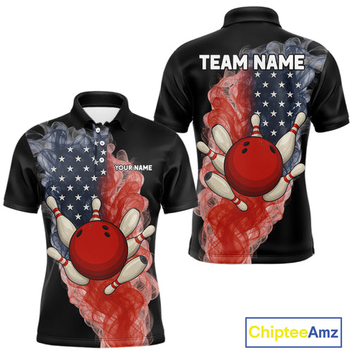 Custom Smoke American Flag Black Bowling Shirts for Men Personalized Patriotic Team Bowling Jerseys NQS10496