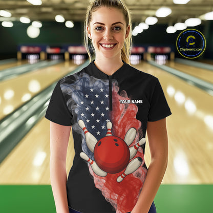 Custom Smoke American Flag Black Bowling Shirts for Women Personalized Patriotic Team Bowling Jerseys NQS10496