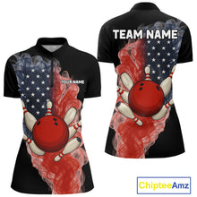 Load image into Gallery viewer, Custom Smoke American Flag Black Bowling Shirts for Women Personalized Patriotic Team Bowling Jerseys NQS10496