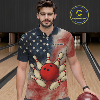 Personalized Smoke American Flag Bowling Shirts for Men Custom Patriotic Team Bowling Outfits NQS10498