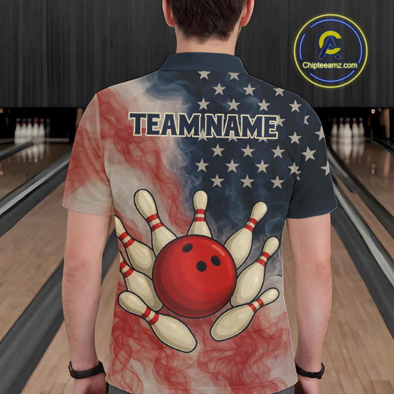 Personalized Smoke American Flag Bowling Shirts for Men Custom Patriotic Team Bowling Outfits NQS10498