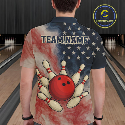 Personalized Smoke American Flag Bowling Shirts for Men Custom Patriotic Team Bowling Outfits NQS10498
