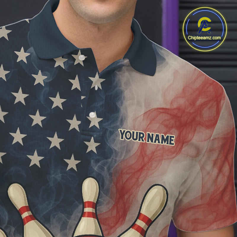 Personalized Smoke American Flag Bowling Shirts for Men Custom Patriotic Team Bowling Outfits NQS10498