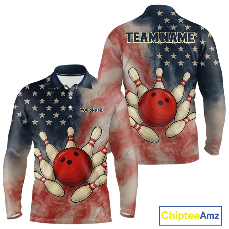 Personalized Smoke American Flag Bowling Shirts for Men Custom Patriotic Team Bowling Outfits NQS10498
