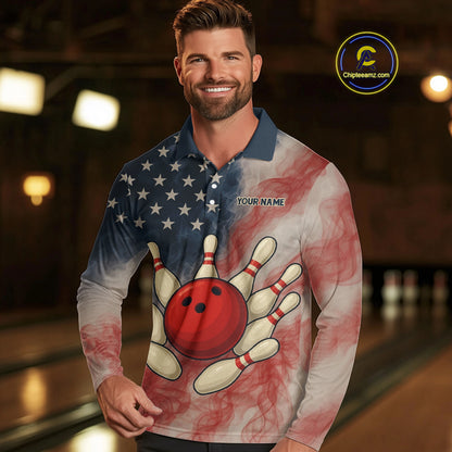 Personalized Smoke American Flag Bowling Shirts for Men Custom Patriotic Team Bowling Outfits NQS10498