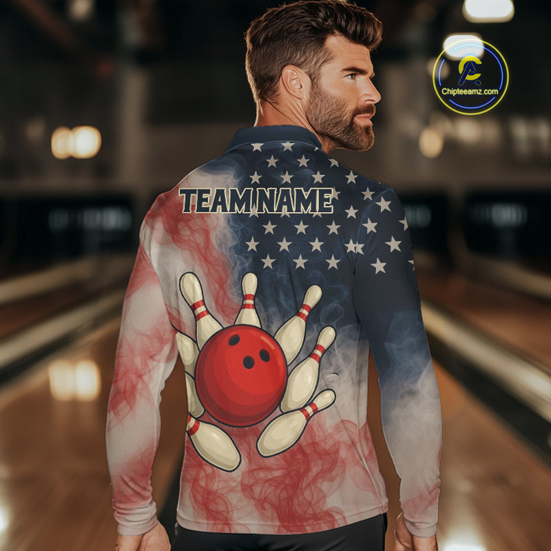 Personalized Smoke American Flag Bowling Shirts for Men Custom Patriotic Team Bowling Outfits NQS10498