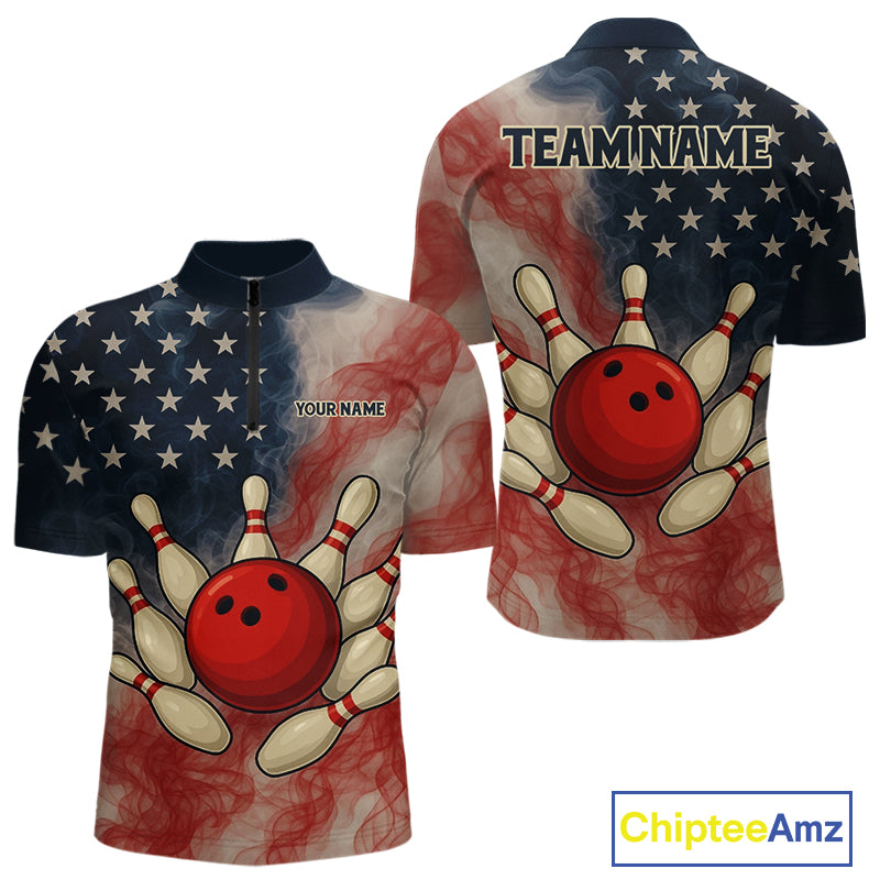 Personalized Smoke American Flag Bowling Shirts for Men Custom Patriotic Team Bowling Outfits NQS10498