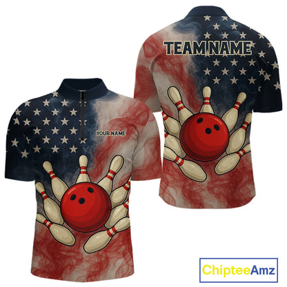 Personalized Smoke American Flag Bowling Shirts for Men Custom Patriotic Team Bowling Outfits NQS10498