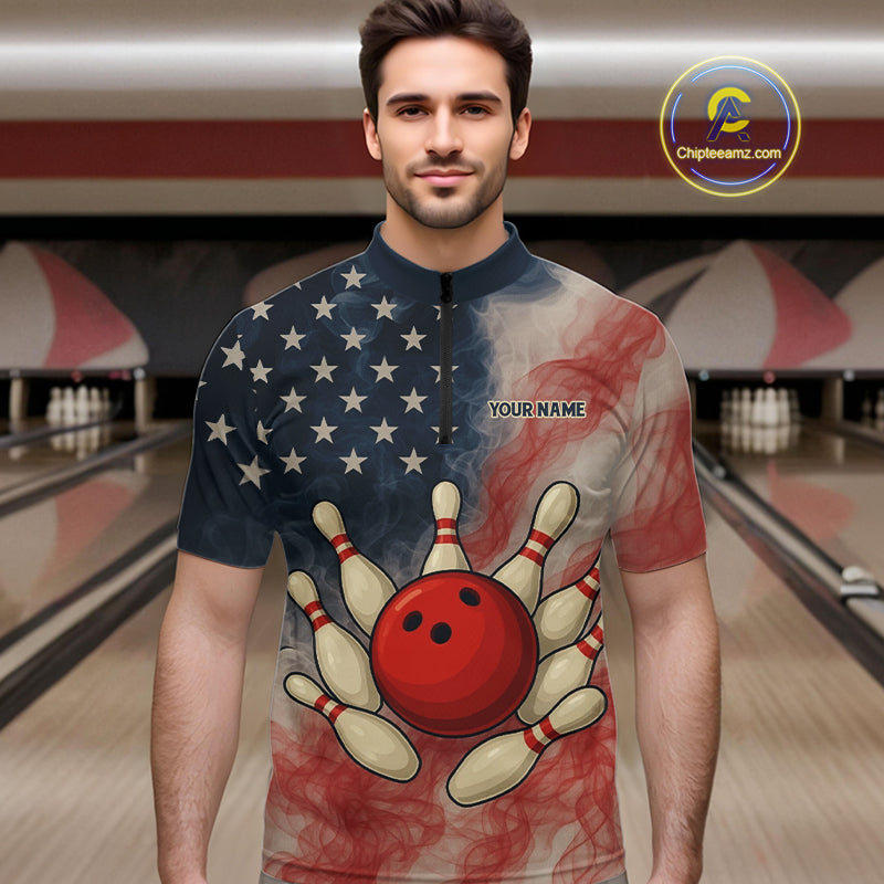 Personalized Smoke American Flag Bowling Shirts for Men Custom Patriotic Team Bowling Outfits NQS10498