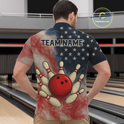 Personalized Smoke American Flag Bowling Shirts for Men Custom Patriotic Team Bowling Outfits NQS10498