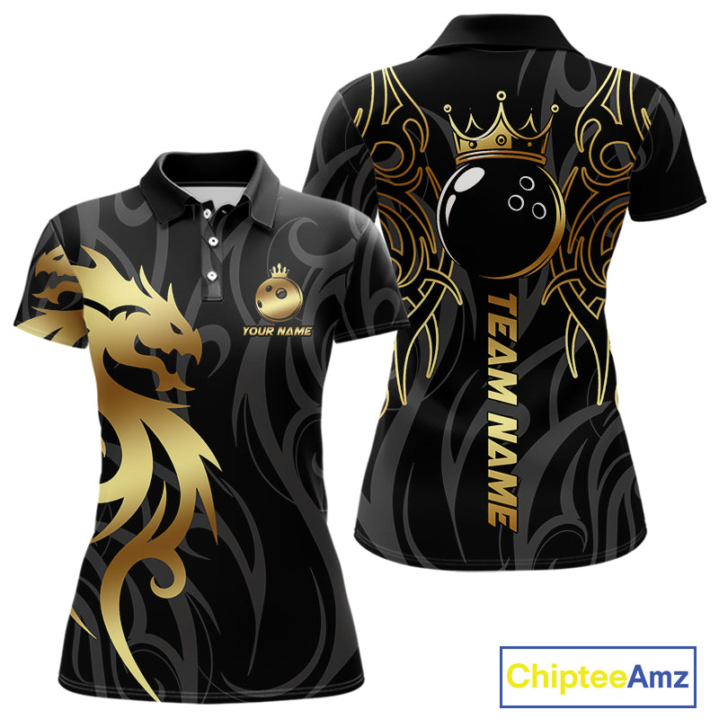 Black and Gold Dragon tribal crown Bowling ball Shirts for Women Custom Bowling Team League Jerseys NQS10903