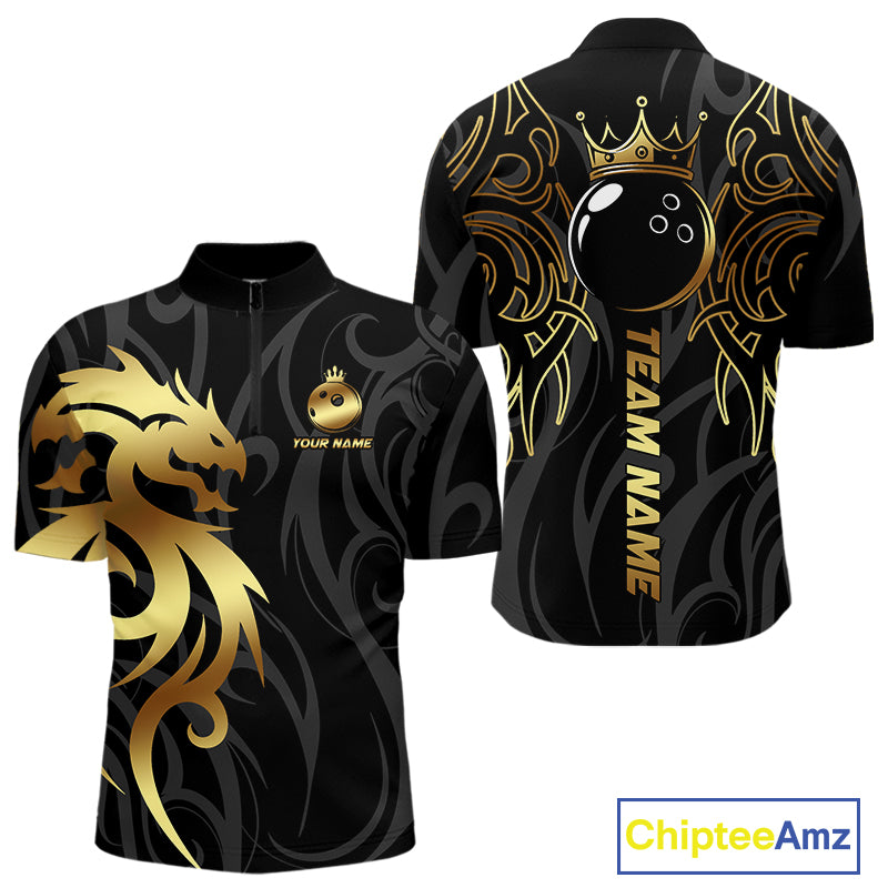 Black and Gold Dragon tribal crown Bowling ball Shirts for Men Custom Bowling Team League Jerseys NQS10903