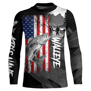 American Flag Walleye Fishing Custom long sleeve performance Fishing Shirts, Walleye fishing jerseys NQS8979