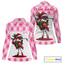 Load image into Gallery viewer, Funny Christmas Flamingo Womens golf polo shirt custom pink argyle pattern white golf apparel NQS11087