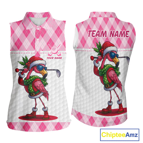 Funny Christmas Flamingo Women sleeveless polo shirt custom pink argyle pattern white golf apparel NQS11087