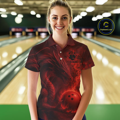 Red Flame Dragon Bowling Polo, 1/4 Zip Shirts For Women Custom Name Team Bowling League Jersey NQS11092